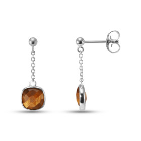 Boucles d oreilles Pendantes Argent Rhodié 925 composées d un Oeil tigre coussin 6x6mm Chaîne maille forçat ronde 1,4mm La...