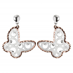 Boucles d'oreilles pendantes en argent rhodié composées d'un papillon en argent satiné entouré d'un liseret d'argent flash...