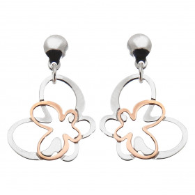 Boucles d'oreilles pendantes en argent rhodié composées de 2 papillons superposés en argent et argent flashé or rose. Dime...