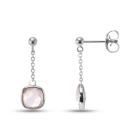 Boucles d oreilles Pendantes Argent Rhodié 925 composées d un quartz rose coussin 6x6mm Chaîne maille forçat ronde 1,4mm L...