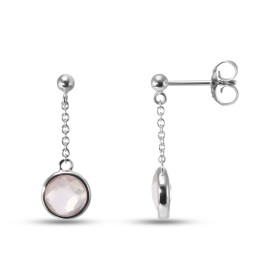 Boucles d oreilles Pendantes Argent Rhodié 925 composées d un quartz rose rond faceté 7mm diamètre Chaîne maille forçat ro...