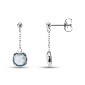 Boucles d oreilles Pendantes Argent Rhodié 925 composées d une topaze bleue coussin 6x6mm Chaîne maille forçat ronde 1,4mm...