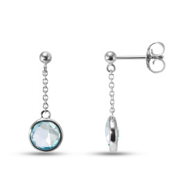 Boucles d oreilles Pendantes Argent Rhodié 925 composées d une topaze bleue ronde facetée 7mm diamètre Chaîne maille força...