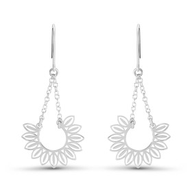 Boucles d'oreilles pendantes en argent rhodié en forme de demi tournesol. Largeur : 21mm. Longueur totale : 45mm. Système ...