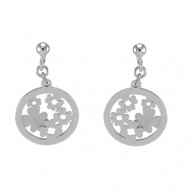 Boucles d'oreilles pendantes en argent rhodié composées de trèfles à 4 feuilles en argent et argent satinés dans un cercle...