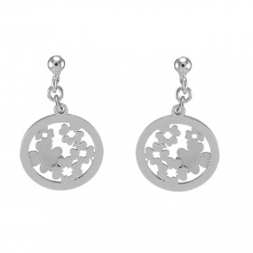 Boucles d oreilles pendantes argent rhodié composées trèfles à 4 feuilles argent argent satinés dans un cercle 15 mm diamè...