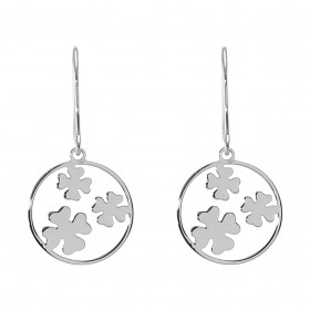 Boucles d oreilles pendantes argent rhodié composées 3 trèfles à quatre feuilles dans un cercle 15mm diamètre Système d at...