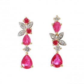 Boucles d'oreilles Pendantes Asymétriques en Or Jaune 750 Rubis et Diamant