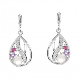 Boucles d'oreilles Pendantes en Argent 925 Rhodié Quartz Rose Améthyste Grenat et Oxyde. Boucles composées de motifs en fo...