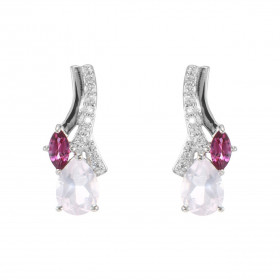 Boucles d oreilles Pendantes Argent 925 Rhodié Quartz Rose Grenat Boucles composées motifs pavés d oxydes zirconium sertis...