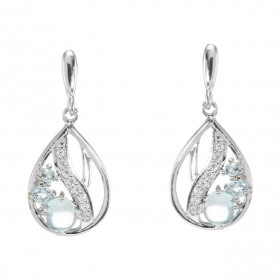 Boucles d'oreilles Pendantes en Argent 925 Rhodié Topaze bleue traitée Rondes et Oxydes