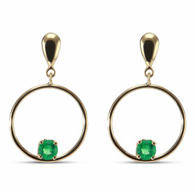 Boucles d&#39;oreilles Pendantes en Or Jaune 750 et Emeraudes rondes. Diamètre des pierres : 5mm (2 x 0.4carat). Longueur ...