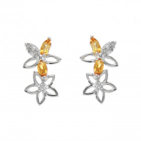 Boucles d'oreilles Pendantes  Fleurs Or Blanc 375 Citrine et Diamant