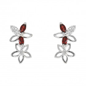 Boucles d'oreilles Pendantes Fleurs Or Blanc 375 Grenat et Diamant