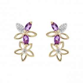 Boucles d oreilles Fleurs Or Jaune 375 Améthyste Diamant Chaque boucle est sertie Améthystes navettes mesurant 4x2mm 5 dia...