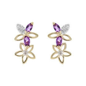 Boucles d'oreilles Fleurs Or Jaune 375 Améthyste et Diamant. Chaque boucle est sertie de Améthystes navettes mesurant 4x2m...