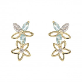 Boucles d oreilles Fleurs Or Jaune 375 Topaze bleue traitée Diamant Chaque boucle est sertie Topaze bleue traitées navette...