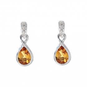 Boucles d'oreilles Infini Or Blanc 375 Citrine et Diamant. Motif infini serti d'une Citrine Poire de 7x5mm et d'un diamant...