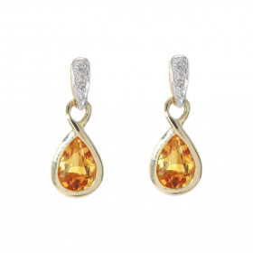 Boucles d'oreilles Infini Or Jaune 375 Citrine et Diamant. Motif infini serti d'une Citrine Poire de 7x5mm et d'un diamant...