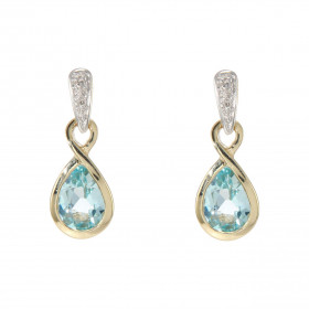 Boucles d oreilles Infini Or Jaune 375 Topaze bleue traitée Diamant Motif infini serti d une Topaze bleue traitée Poire 7x...