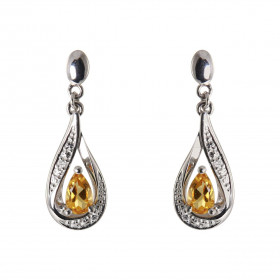 Boucles d'oreilles Pendantes Or Blanc 375 Citrine poire de 5x3mm et Diamants