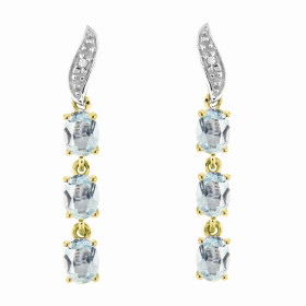 Boucles d oreilles Or jaune 375 serties 6 aigues marines ovales 4x3mm 2 diamants Longueur : 25mm Poids Diamant : 0,01 cara...