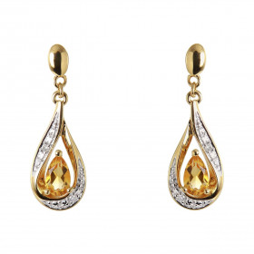 Boucles d'oreilles Pendantes Or Jaune 375 Citrine poire de 5x3mm et Diamants