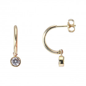 Boucles d oreilles pendantes Or Jaune 375 forme demi créole section ronde 1,5mm large Un oxyde serti clos 4mm est suspendu...
