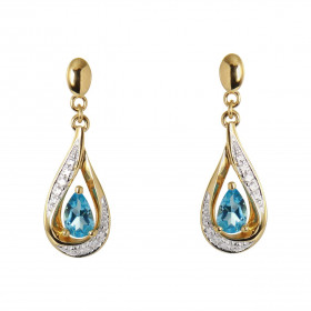 Boucles d'oreilles Pendantes Or Jaune 375 Topaze bleue traitée poire de 5x3mm et Diamants. Topaze bleue traitée taille poi...