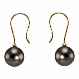 Boucles d'oreilles pendantes en Or jaune 750 et perles de Tahiti. Diamètre des perles : 9mm. Qualité des perles : légères ...