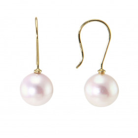 Boucles d&#39;oreilles pendantes Or Jaune 750 et Perles Akoya 8.5-9mm. Longueur : 23mm. Perles rondes de 8.5 à 9mm de diam...