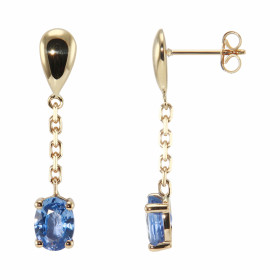 Boucles d&#39;oreilles pendantes Or Jaune 750 et Saphir de Ceylan. Deux saphirs de Ceylan ovales mesurant 7x5mm (2 x 1 car...