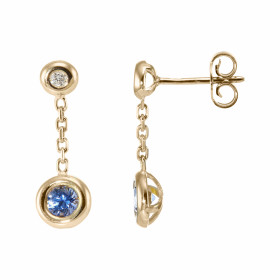 Boucles d&#39;oreilles pendantes en Or Jaune 750 serties de 2 Saphirs ronds de 4mm (2x0,28 carat) et de deux diamants de 1...