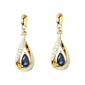 Boucles d'oreilles Pendantes Or Jaune 750 Saphir poire de 5x3mm et Diamants