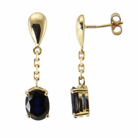 Boucles d&#39;oreilles pendantes en Or Jaune serties de deux saphirs ovales de 8 x 6 mm (2 x 1,50 carat). Longueur : 27mm