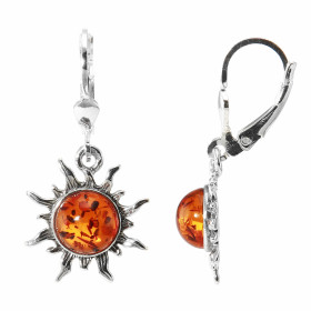 Boucles d&#39;oreilles en Argent 925 et Ambre. Longueur : 12mm. Dimensions du soleil : 16x16 mm. Dimensions de la pierre :...