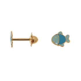 Boucles d oreilles enfant Or jaune 375/1000 Motif poisson émaillé bleu Dimensions d un poisson: 6x6mm Fermeture par vis 