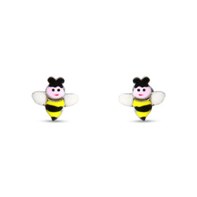 Boucles d'oreilles puces en argent pour enfant en forme d'abeille avec émail. Dimension : 8x7mm. Système d'attache : pouss...