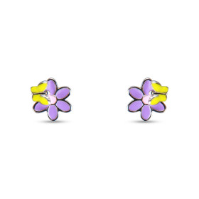 Boucles d'oreilles puces en argent pour enfant en forme de fleur avec un papillon recouvert d'émail. Dimension : 8x8mm. Sy...
