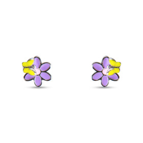 Boucles d oreilles puces argent pour enfant forme fleur un papillon recouvert d émail Dimension : 8x8mm Système d attache ...