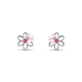 Boucles d'oreilles puces en argent pour enfant en forme de fleur avec un papillon recouvert d'émail. Dimension : 8x8mm. Sy...