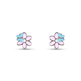 Boucles d'oreilles puces en argent pour enfant en forme de fleur avec un papillon recouvert d'émail. Dimension : 8x8mm. Sy...