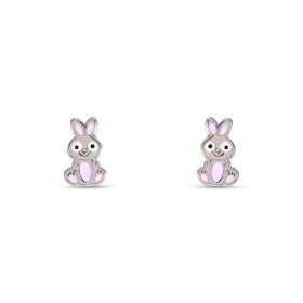 Boucles d'oreilles puces en argent pour enfant en forme de lapin avec émail. Dimension : 5x8mm. Système d'attache : pousse...