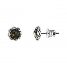 Boucles d oreilles puces argent composées d une ambre verte 5mm diamètre un entourage forme fleur Système d attache : pous...