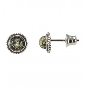 Boucles d oreilles puces argent composées d une ambre verte 5mm diamètre un entourage torsadé argent Système d attache : p...