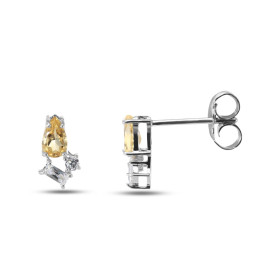 Boucles d oreilles puces argent rhodié 925 composées d une citrine forme poire 3x5mm, d un oxyde zirconium rectangulaire 1...