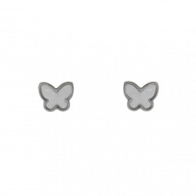 Boucles d'oreilles puces en argent rhodié en forme de papillon en nacre de 8x7mm. Système d'attache : poussette belge
