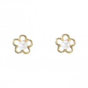 Boucles d oreilles puces Or Jaune 375 forme fleur au centre une perle culture Dimension puce : 8x8mm