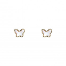 Boucles d'oreilles puces en Or Jaune 375 en forme de papillon avec de la nacre. Dimension de la puce : 4x5mm