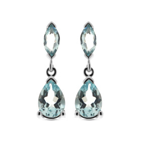 Boucles d'oreilles pendantes Topaze Bleue Traitée en Or Blanc 375. Les Topazes sont taillées en marquise de 6x3mm et en po...